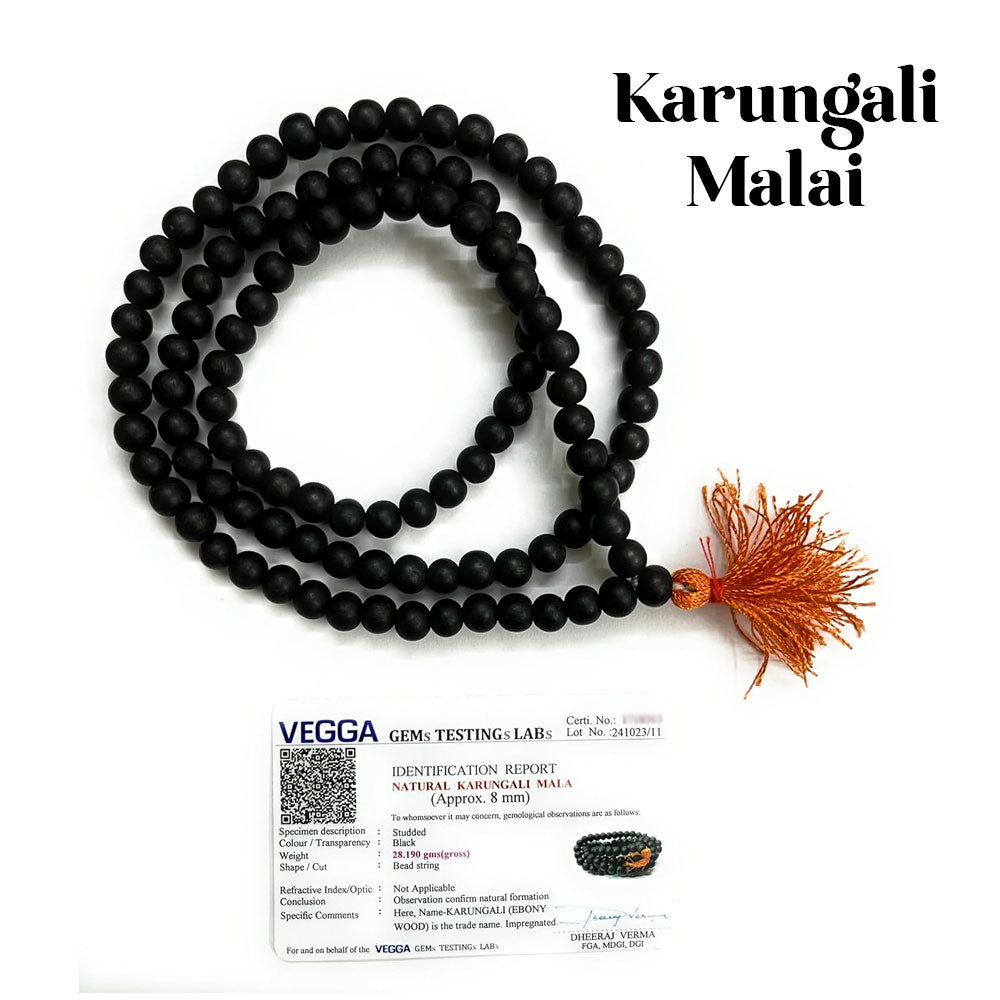 Karungali Mala Vedvasi Certified Original 8mm (Pack of 1) 100% Natural Unpolished Karungali Malai Original Karungali Malai 108 Beads - Black Ebony Wood Mala, Original and Natural Karukali Malai